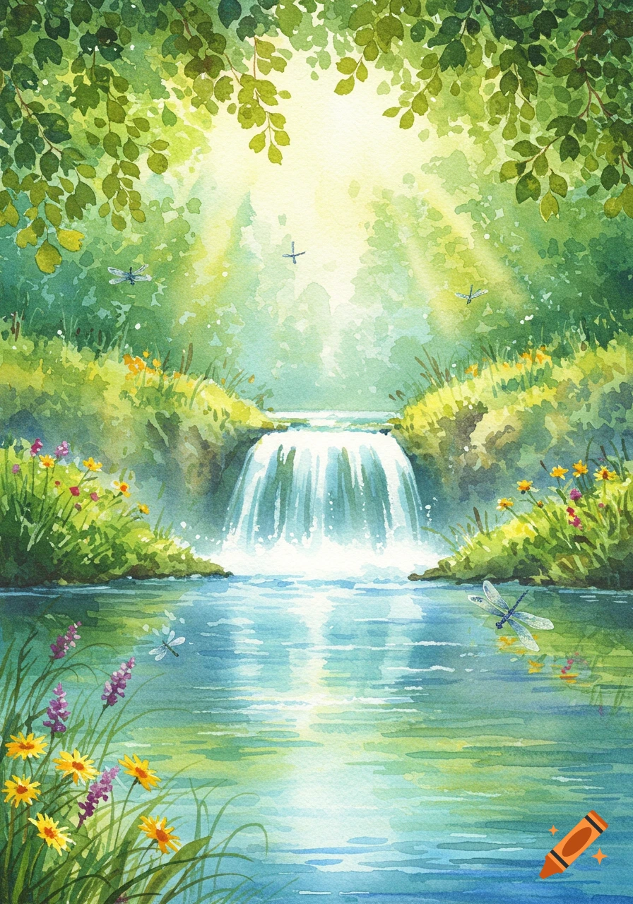 Vibrant watercolor painting of a sunlit forest waterfall flowing into a river, surrounded by lush greenery and colorful wildflowers.