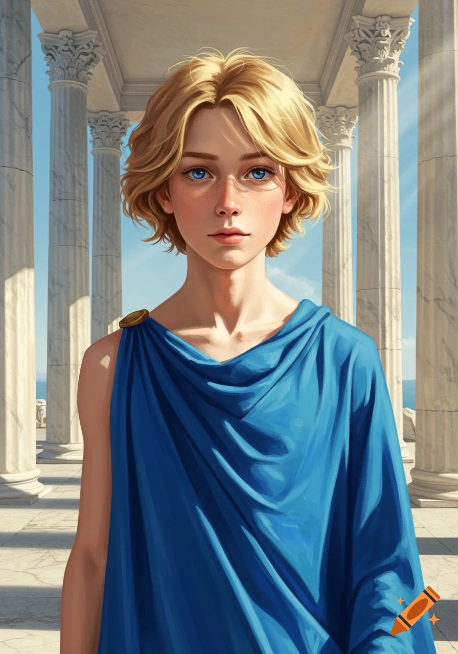 A young blond boy with blue eyes in a blue draped tunic stands among ancient Greek columns.