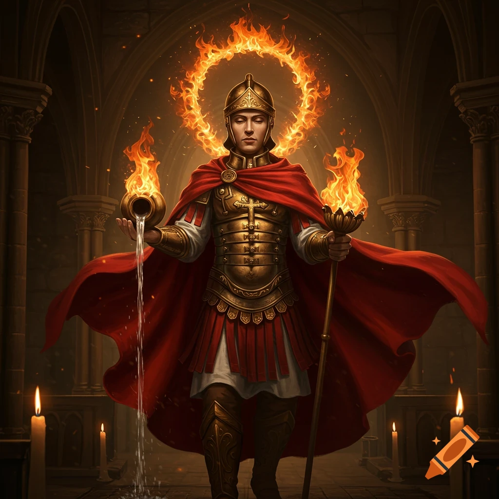 A majestic figure in golden armor and red cape, with a halo of fire, holds a flaming torch and pours water from a pitcher in a dark, vaulted church.