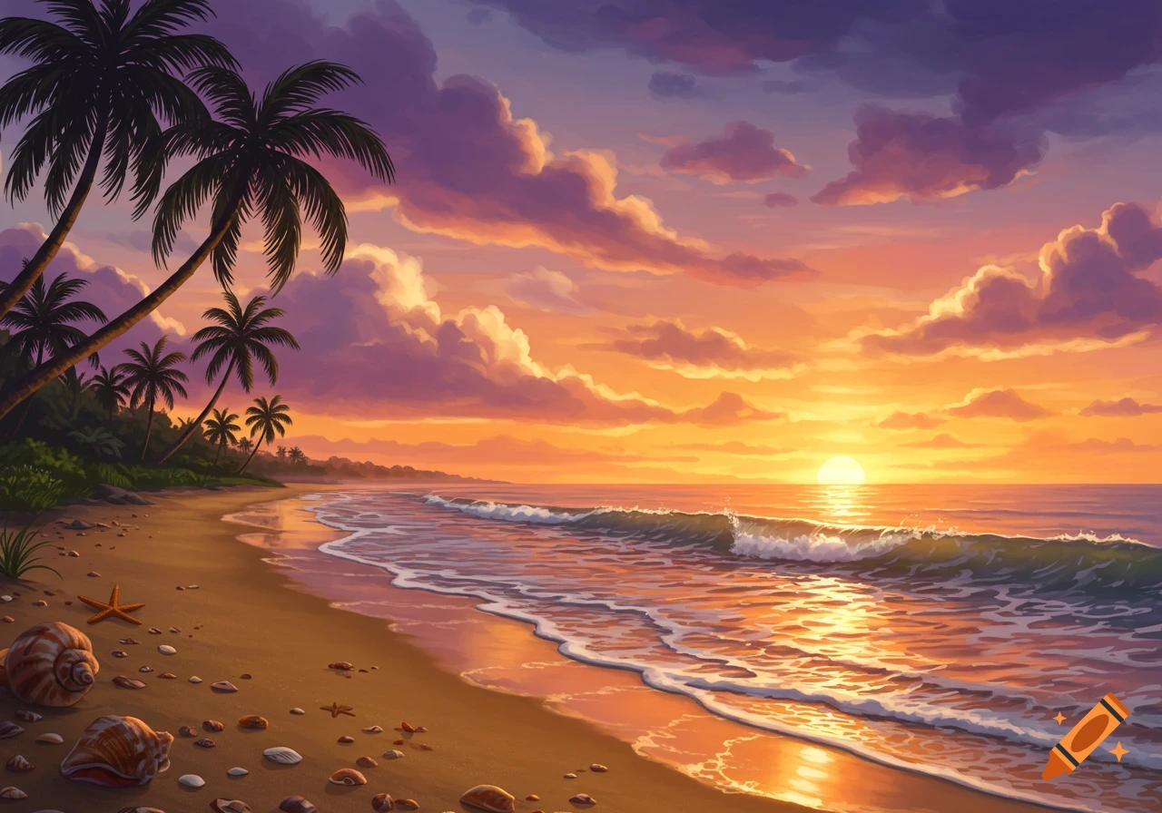 A vibrant sunset over a sandy beach with palm trees, waves, and seashells.