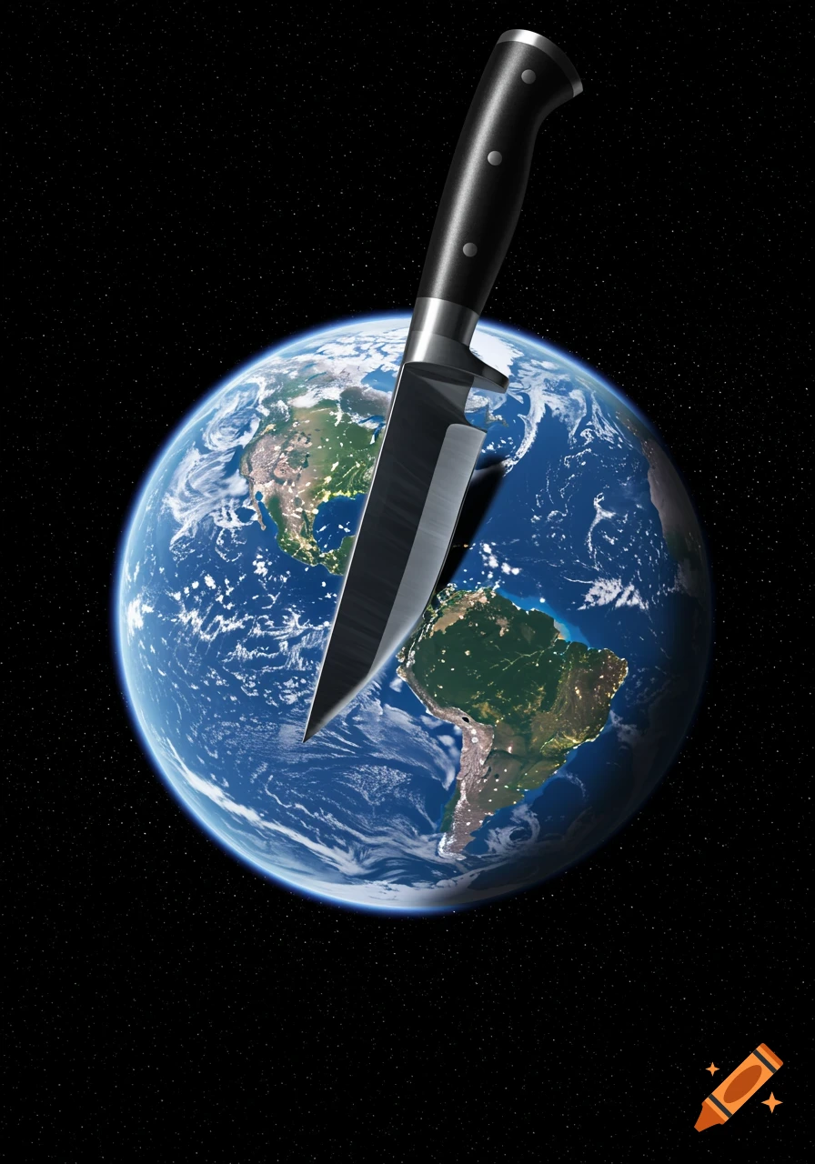 A large, sharp knife plunged into the Earth, floating in dark outer space with stars.