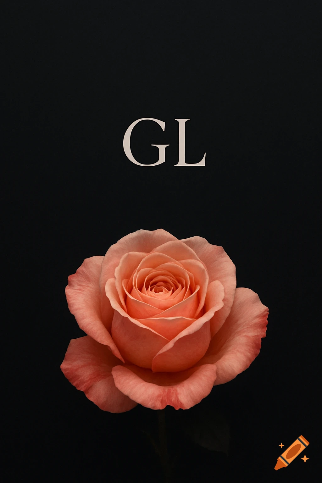 A realistic peach-colored rose at the bottom center of a dark background, with the white initials 'GL' above it.