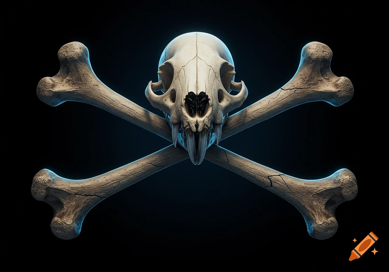 A photorealistic image of a detailed rat skull with prominent teeth, centered over two crossed bones against a dark background with a subtle blue glow.