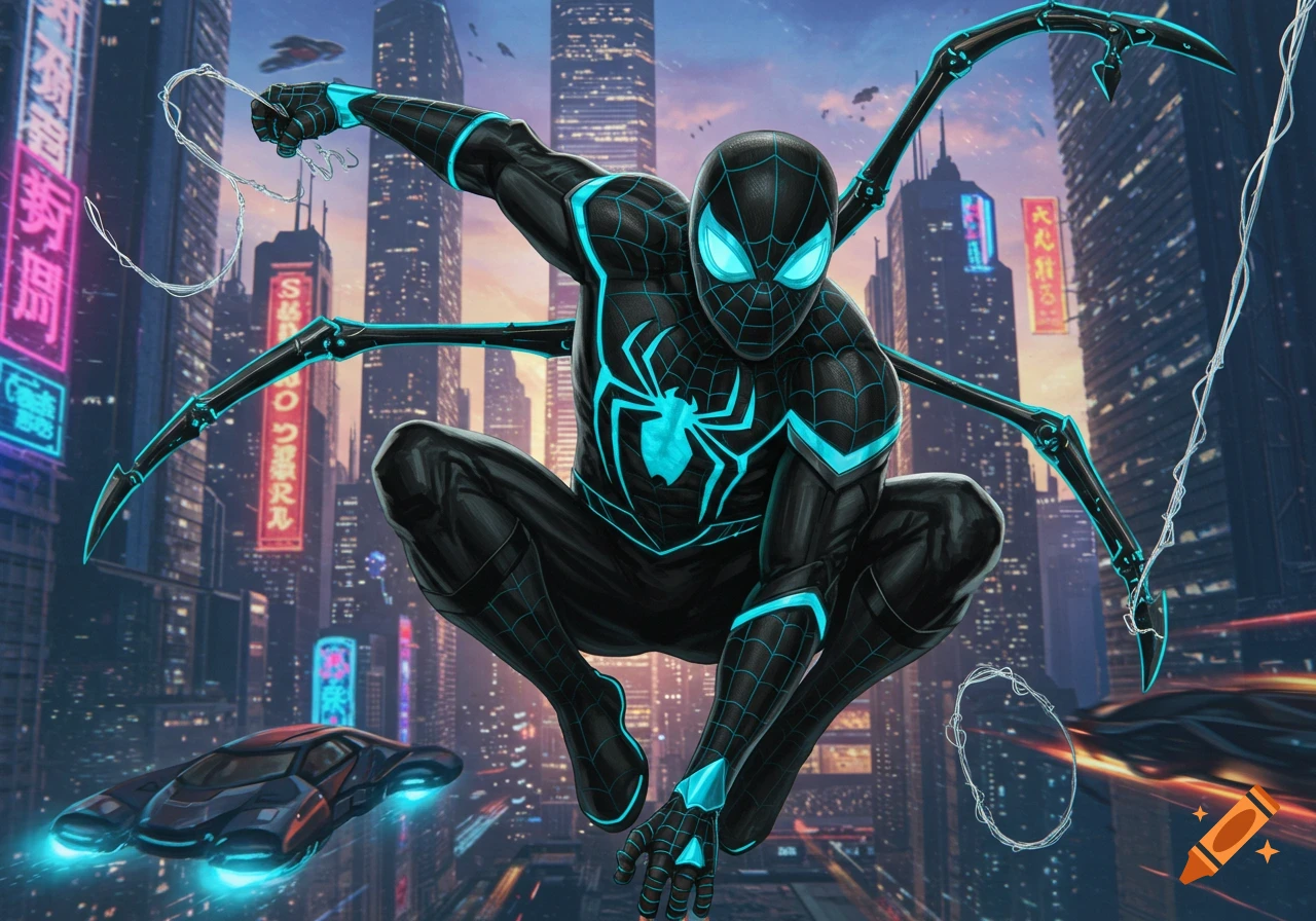 An illustration of Spider-Man in a black and glowing blue suit with mechanical arms, crouching in a futuristic cityscape at dusk.