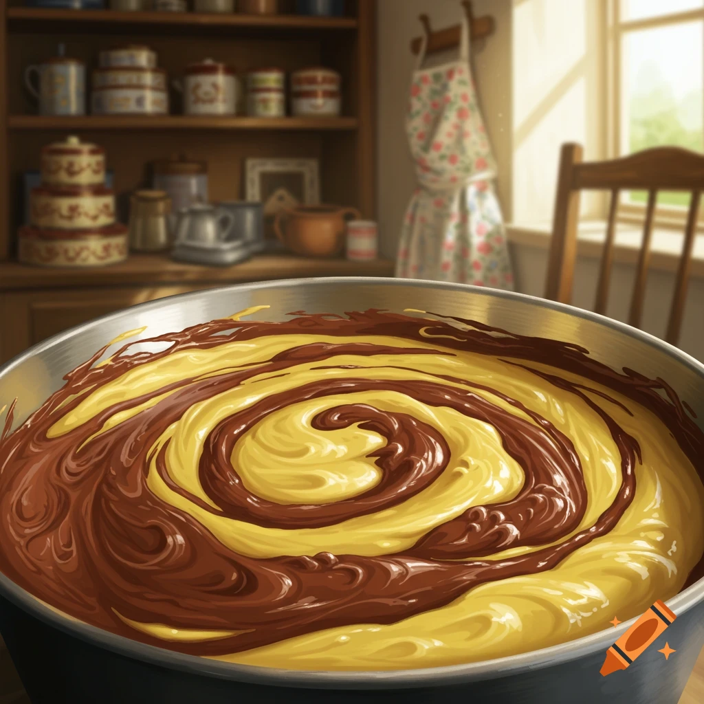 A close-up of swirled chocolate and yellow cake batter in a mixing bowl, with a blurry kitchen background.