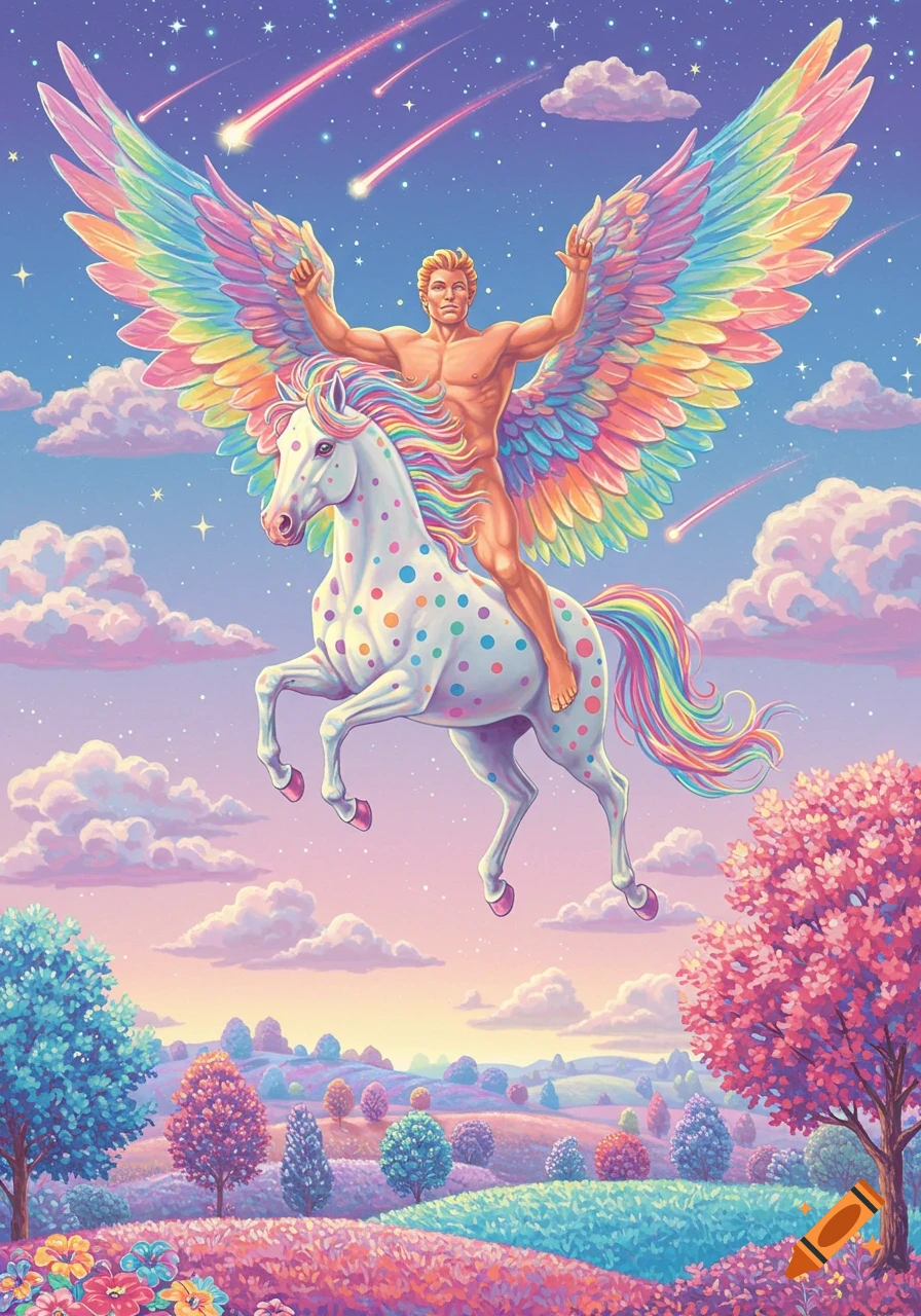 A muscular man with large rainbow wings rides a white polka-dotted unicorn through a starry, colorful sky above a vibrant, rolling landscape in a whimsical style.