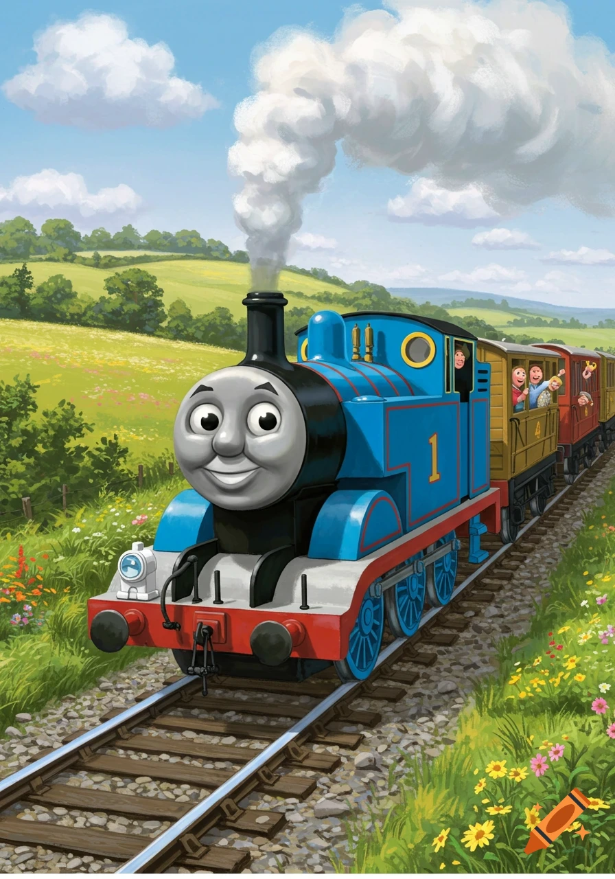A smiling Thomas the Tank Engine, number 1, pulls train cars full of happy children through a lush green countryside.
