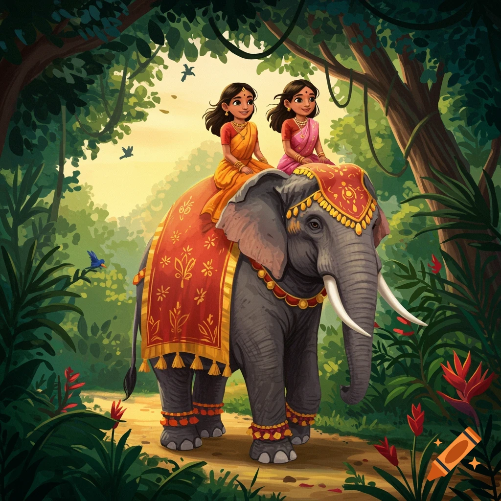 Two Indian girls ride a richly decorated elephant through a lush green jungle path in an illustrated style.