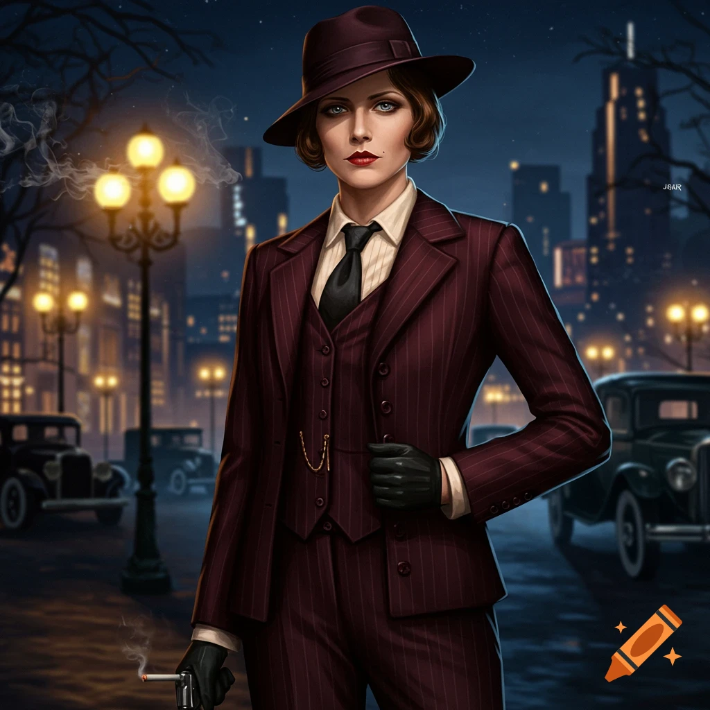 Illustrative image of a woman in a pinstripe suit and fedora holding a cigarette on a dark 1920s-style city street.