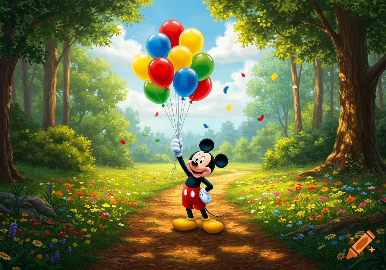 Mickey Mouse holds a large bunch of colorful balloons while standing on a dirt path in a sunny forest clearing filled with green trees and vibrant wildflowers.