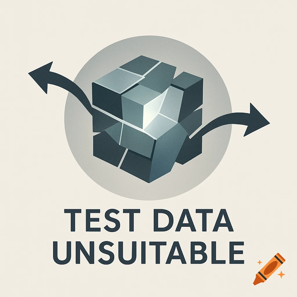 A logo featuring a fragmented, glowing cube within a grey circle, with two arrows pointing away from it, and text below reading "TEST DATA UNSUITABLE".