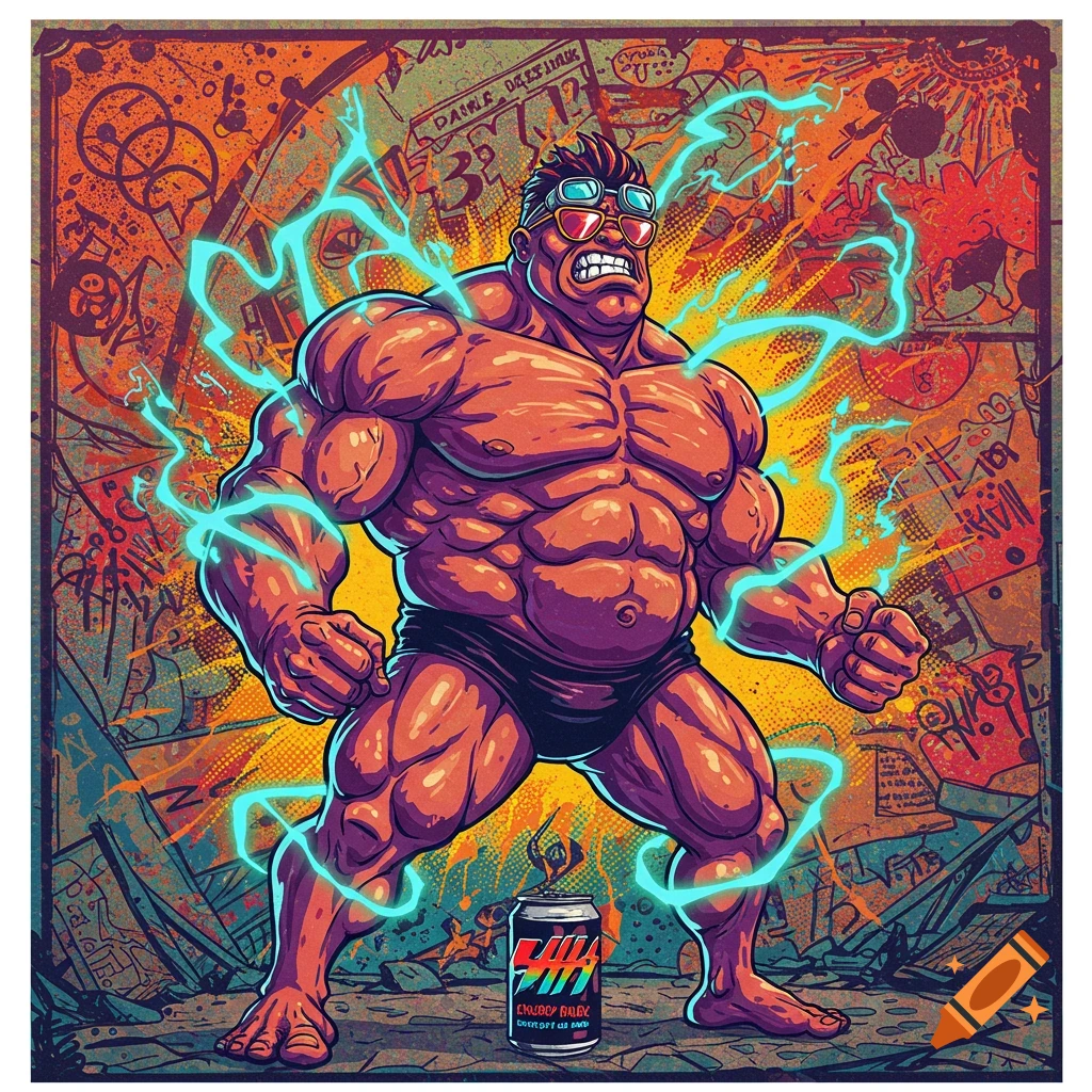 A grotesquely muscular, cartoonish man in a black swimsuit and sunglasses stands powerfully with electricity emanating from him, next to an energy drink can, in a vibrant 90s comic book style.