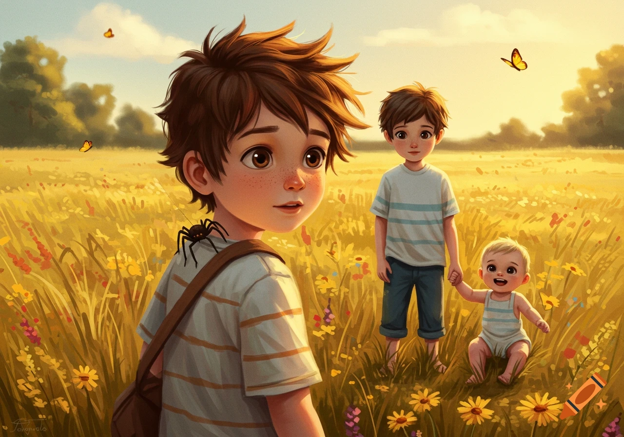 Three cartoon boys, including a curious boy with a spider on his shoulder, an older brother, and a baby brother, in a sunny golden field.