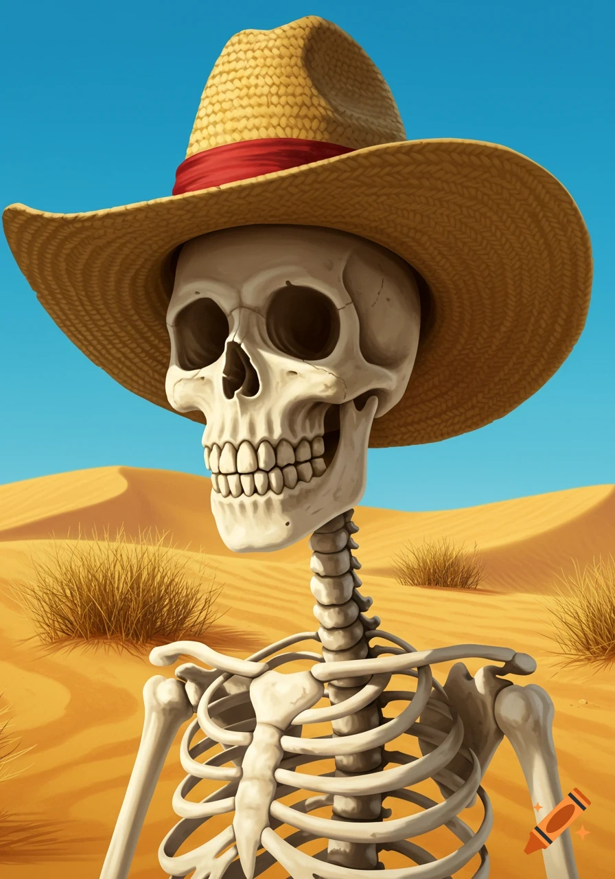 A skeleton wearing a straw hat with a red band stands in a sandy desert under a clear blue sky.