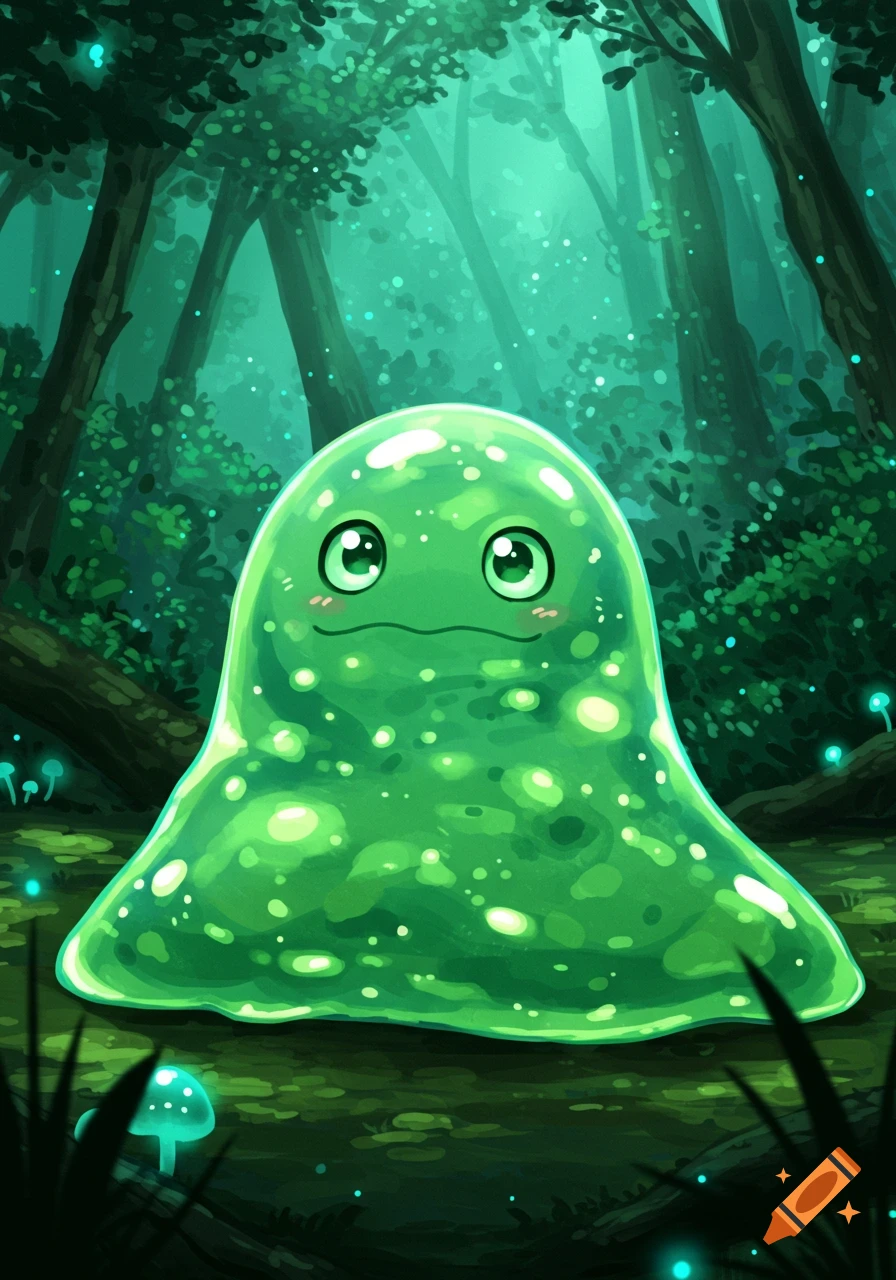 A cute, bright green slime creature with large, innocent eyes sits in a glowing, verdant fantasy forest, drawn in an anime style.
