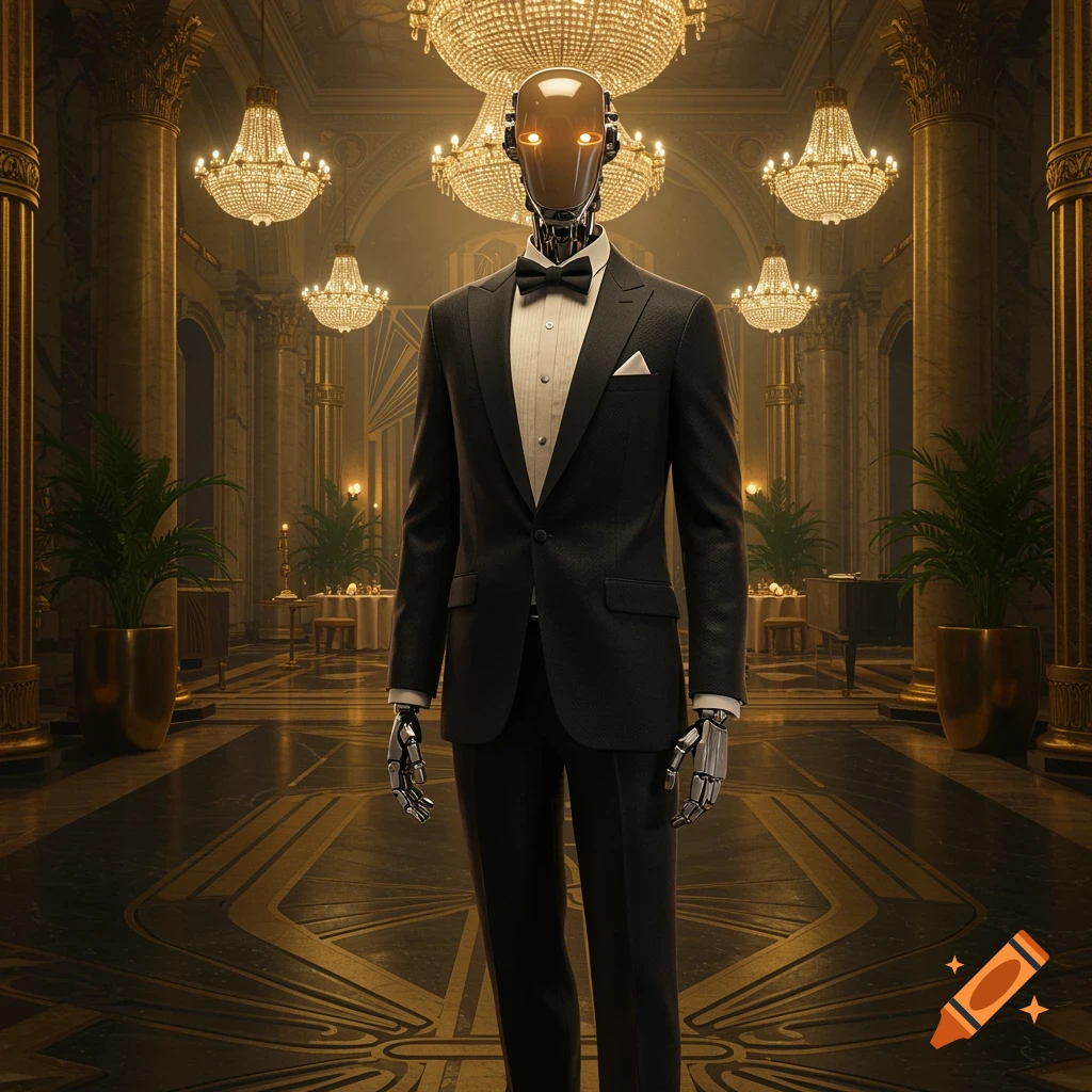 A photorealistic image of a robot in a black tuxedo standing in a grand, chandelier-filled hall.