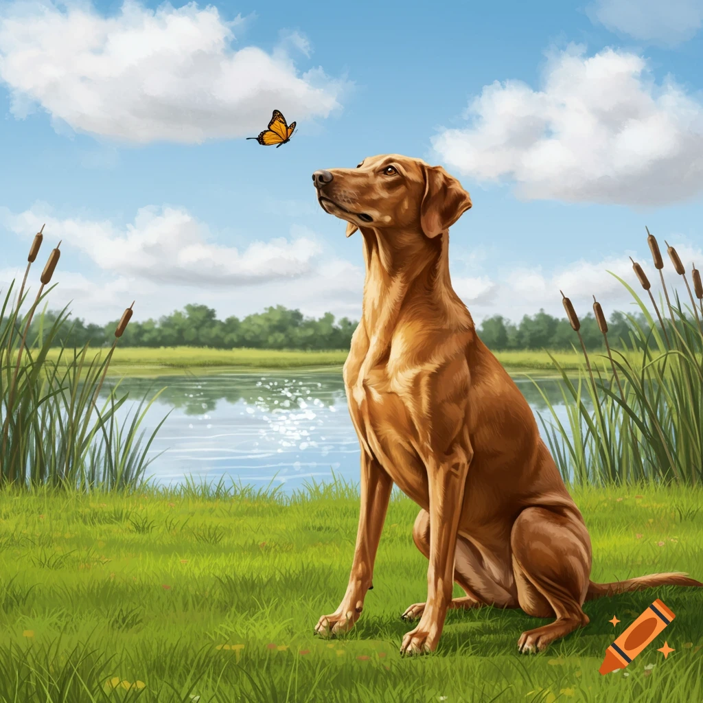 A brown dog sits by a lake in green grass, looking up at an orange butterfly in a blue sky.