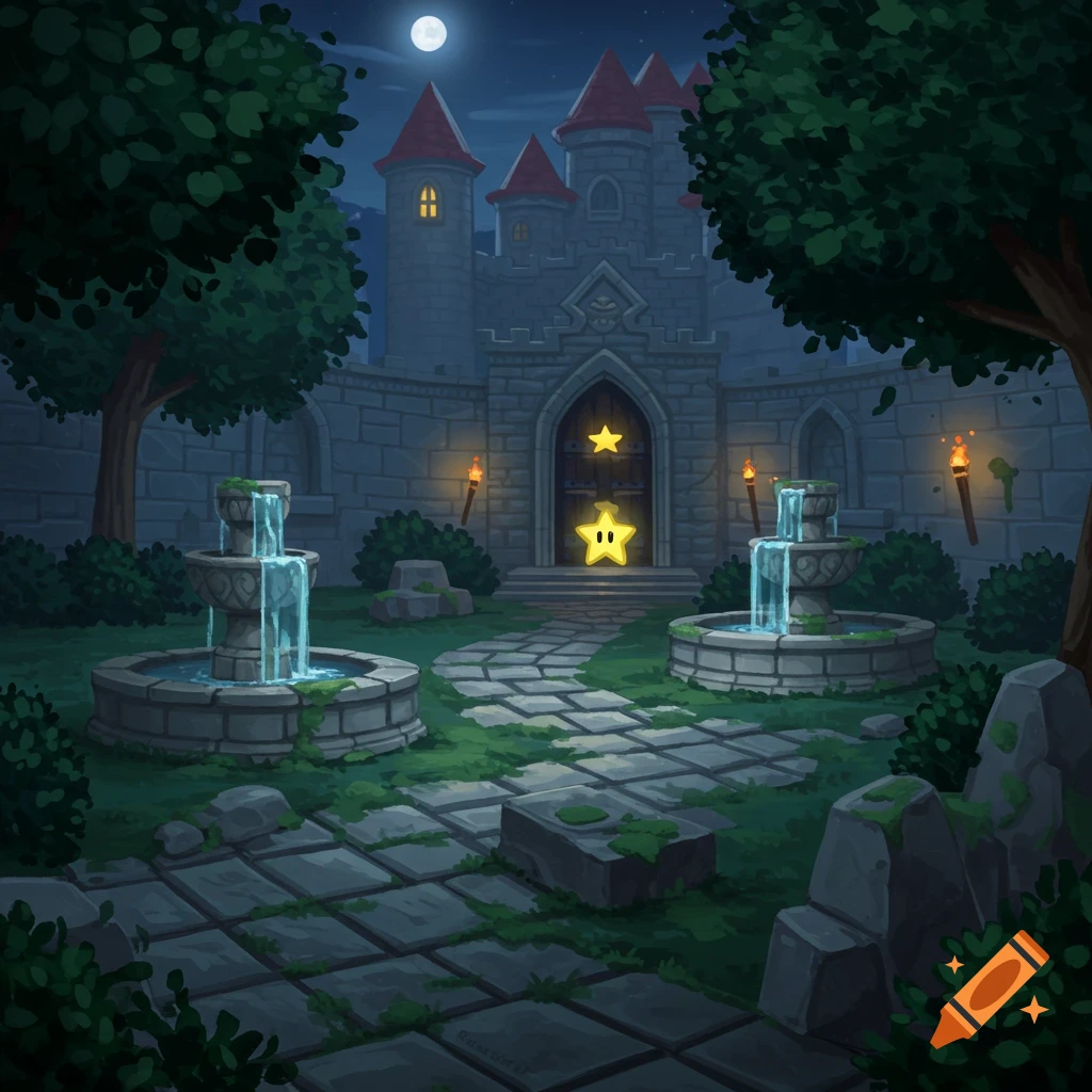 Moonlit castle courtyard with stone path, fountains, and castle entrance featuring glowing golden stars in a video game style.