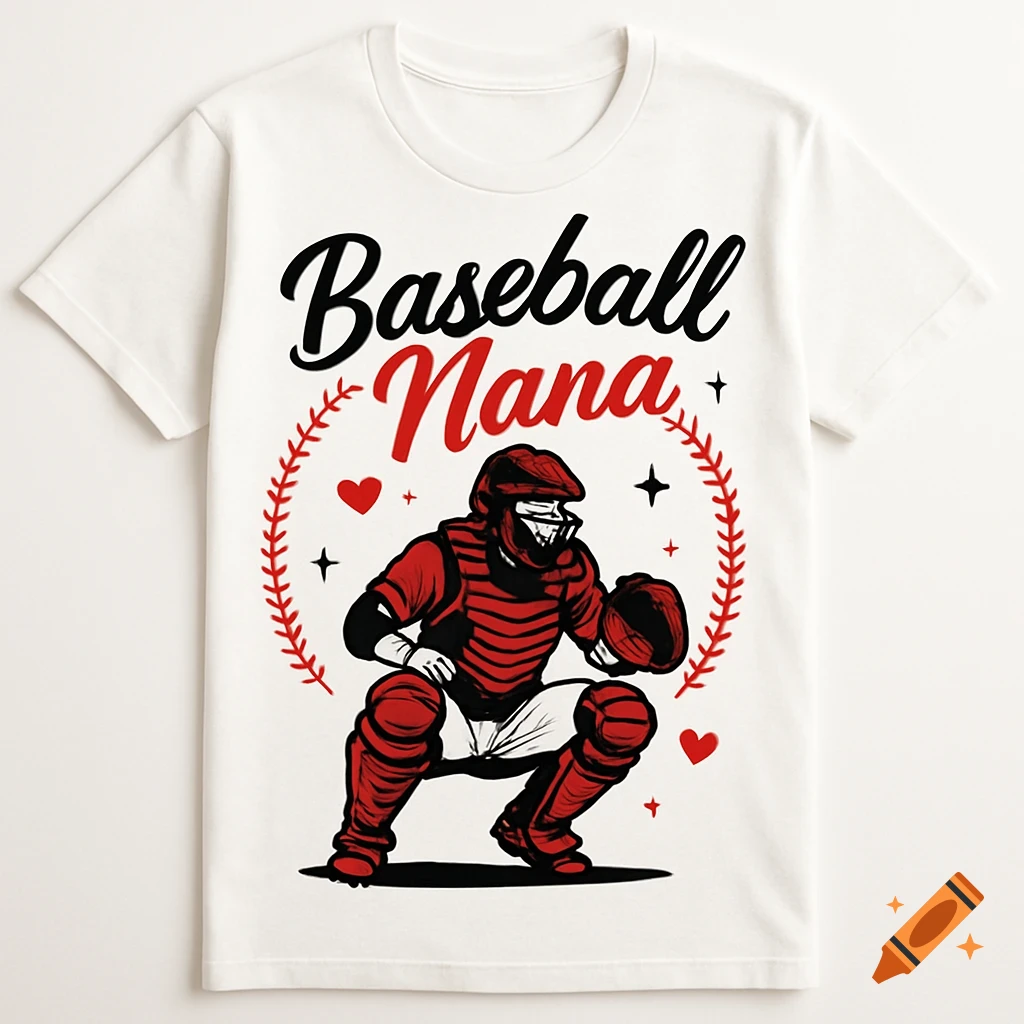 White t-shirt with "Baseball Nana" text in black and red, above a red and black illustration of a baseball catcher, framed by baseball stitching and hearts.