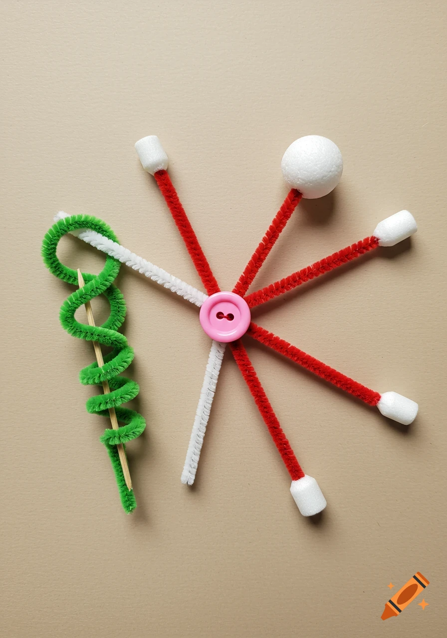 Crafting materials including red, white, and green pipe cleaners, a pink button, and foam pieces arranged on a light brown surface.