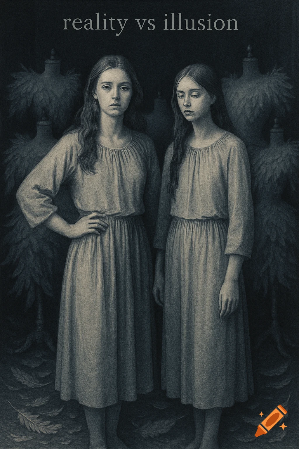 Two women, one confident and one somber, stand in a dark room with feathered mannequins, in a realistic pencil drawing style with text "reality vs illusion" at the top.