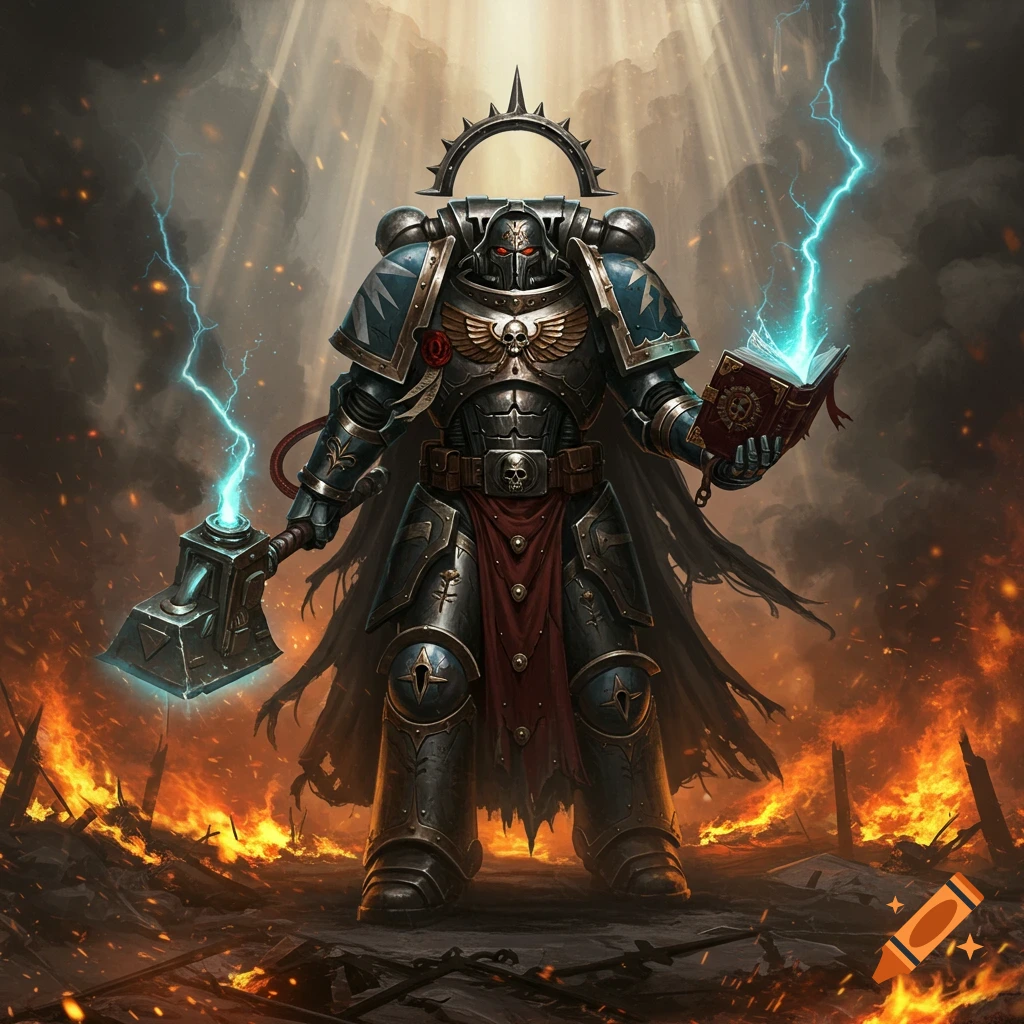 Heavily armored warrior in power armor holding a glowing warhammer and a mystical book amidst a fiery, ruined battlefield.
