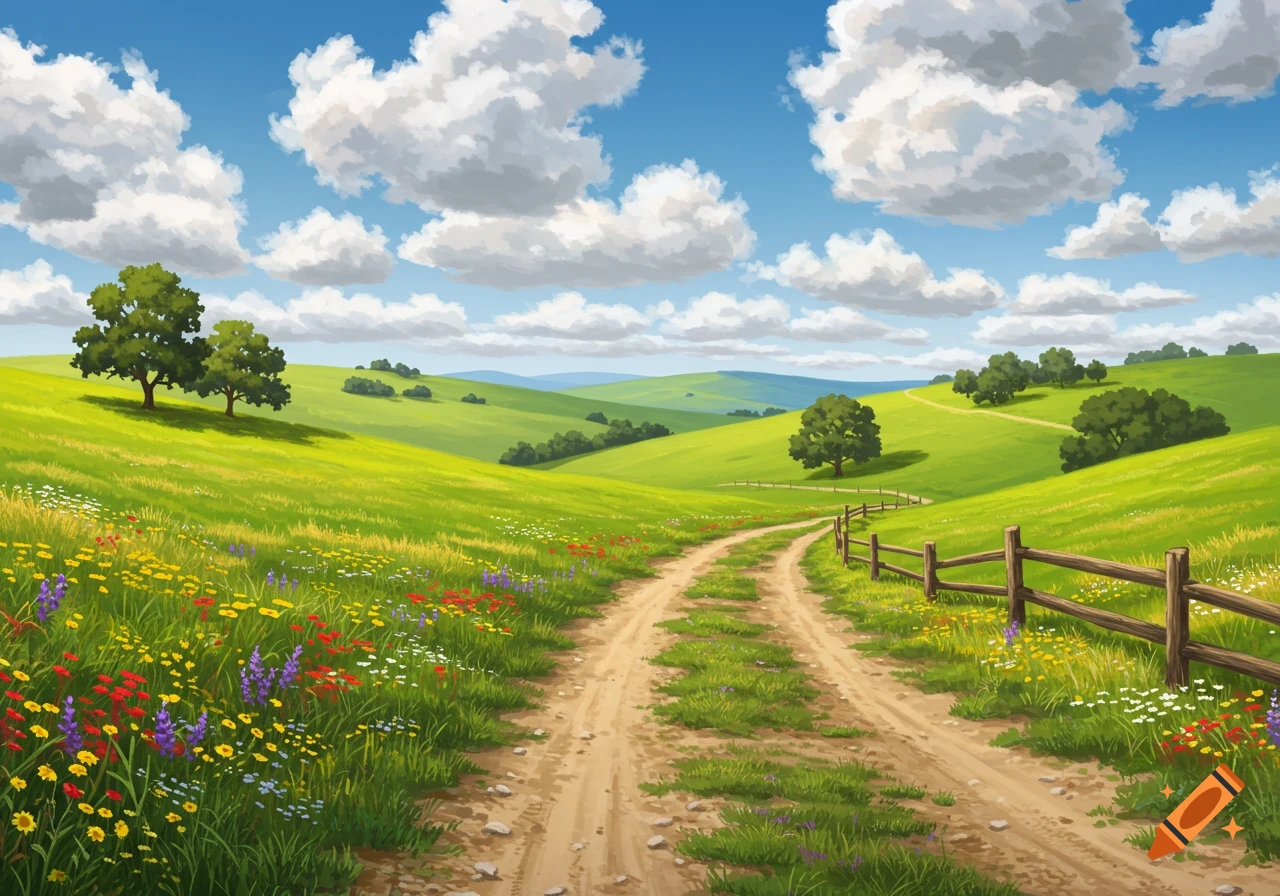 A dirt country lane winds through vibrant green hills dotted with trees and wildflowers under a bright blue sky with fluffy white clouds.