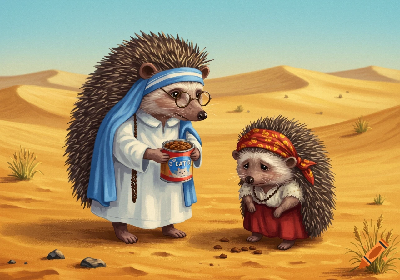 A hedgehog dressed as Mother Teresa offers a can of cat food to a sad, smaller hedgehog in a desert landscape.