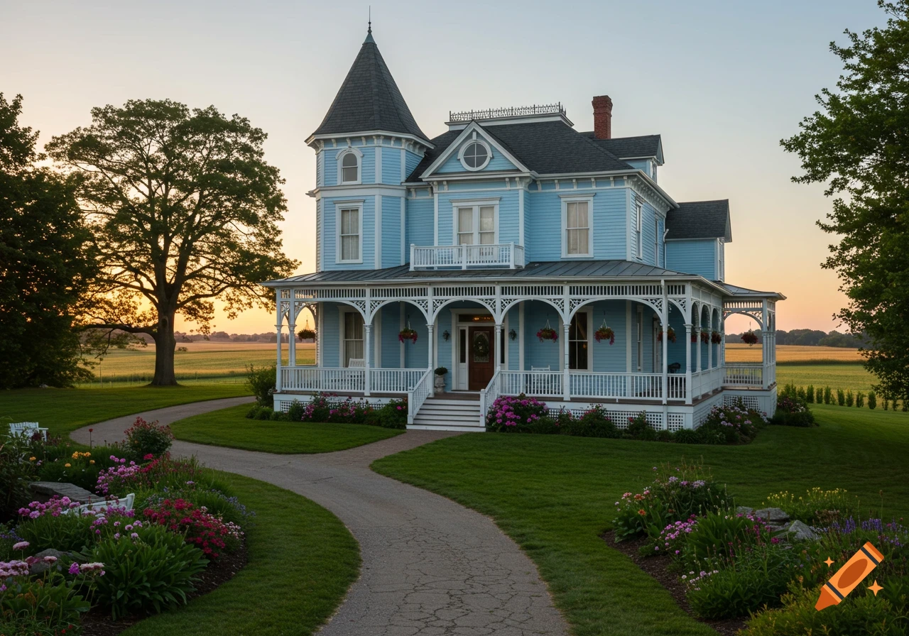 A grand light blue Victorian house with a white wraparound porch, surrounded by colorful gardens, a winding driveway, and distant farm fields under a golden sunset.