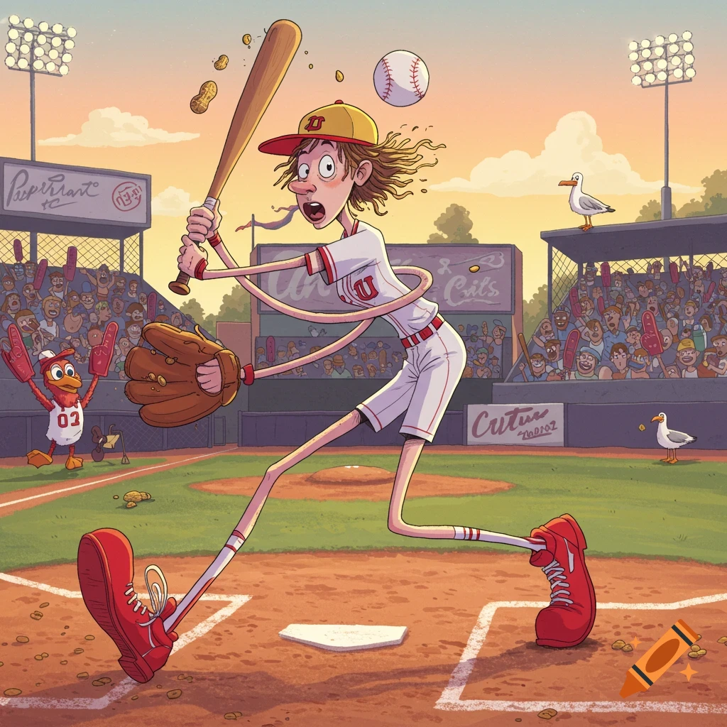 A skinny, exaggerated cartoon female baseball player swings a bat at a baseball in a stadium. A duck mascot and seagulls are nearby.