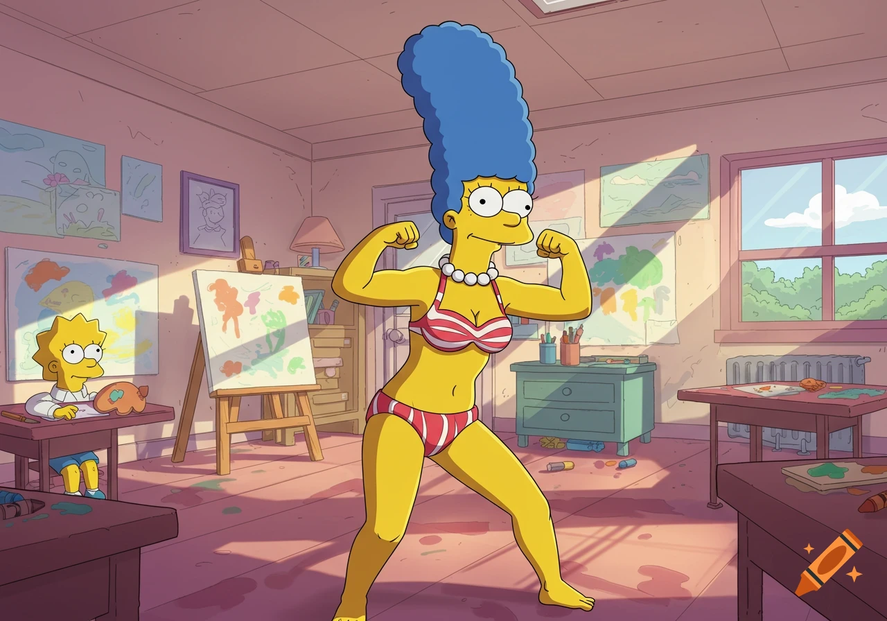 Marge Simpson flexes in a red and white striped bikini in an art classroom while Lisa Simpson draws in the background.