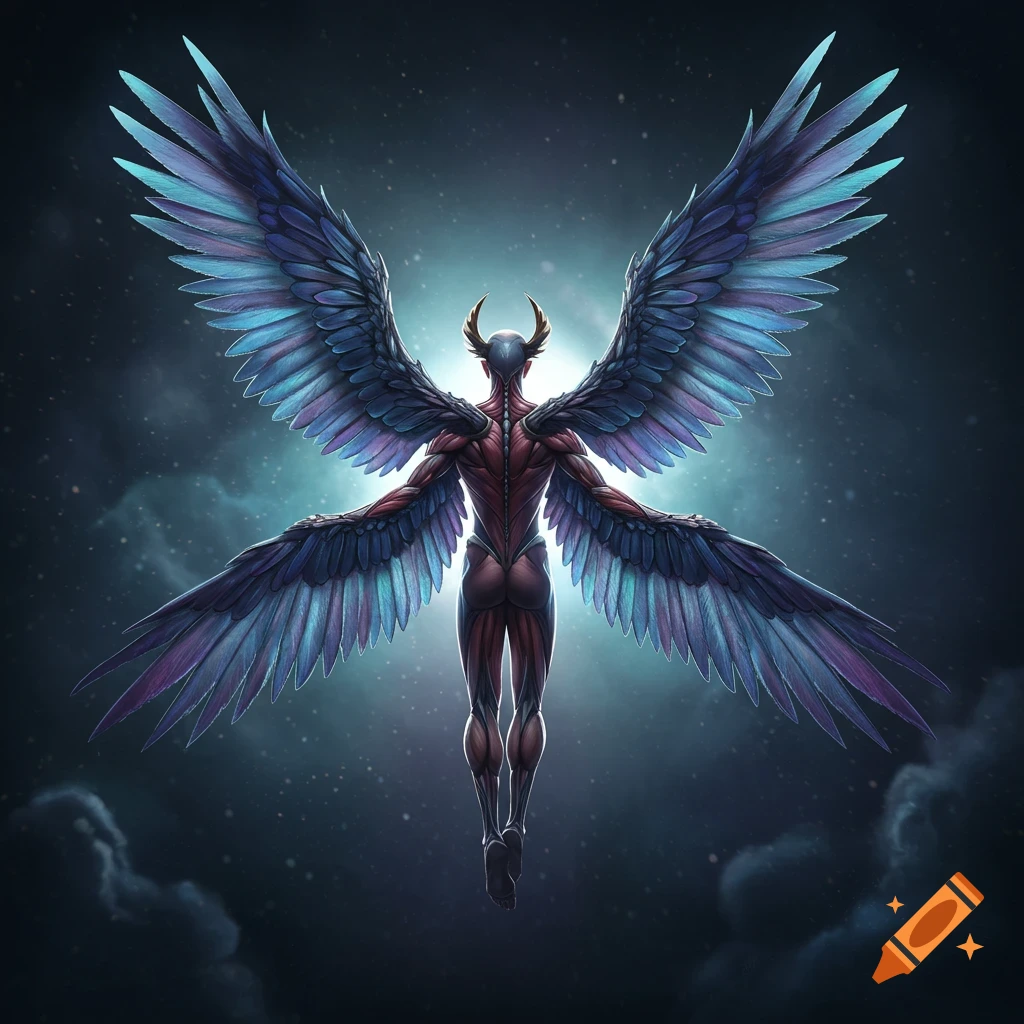 A muscular humanoid figure with large, intricate blue and purple wings stands against a starry, ethereal background, viewed from the back.