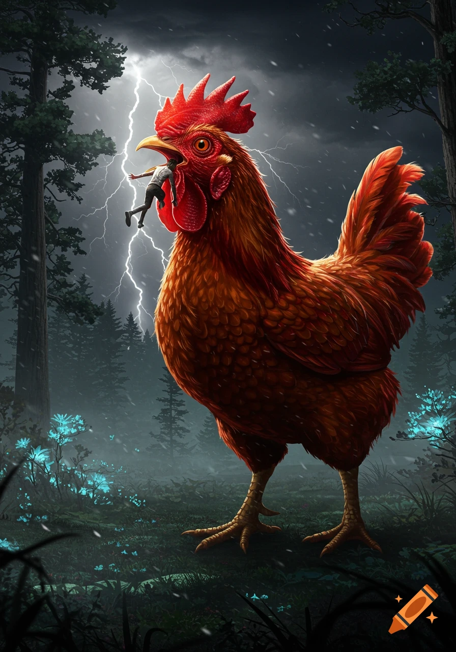 A giant red rooster with a person held in its beak stands in a dark forest during a lightning storm.