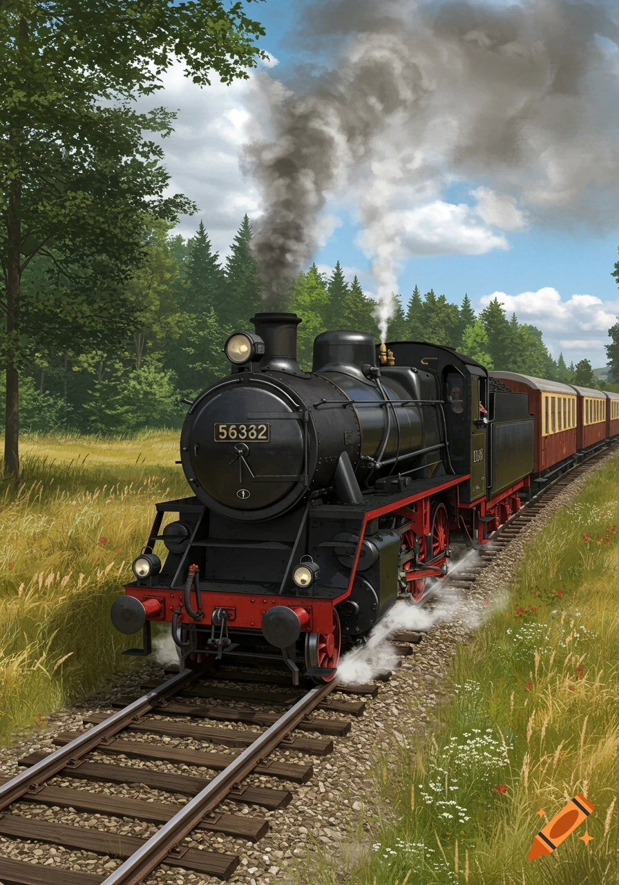 A black steam locomotive with red wheels travels through a green and yellow field under a blue sky.