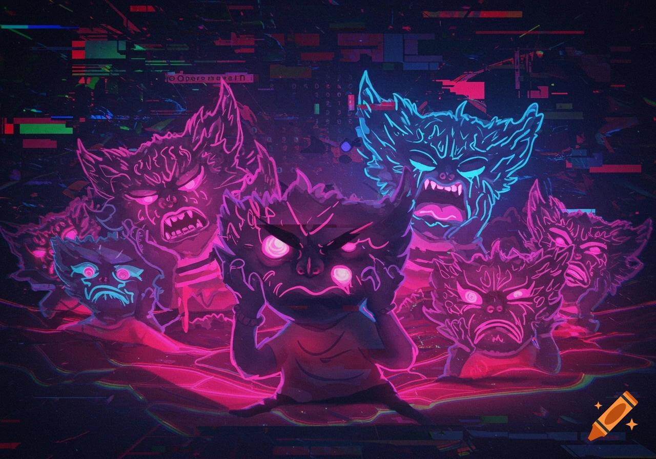Stylized neon pink and blue monstrous figures with glowing eyes and sharp teeth, set against a dark, glitchy background.