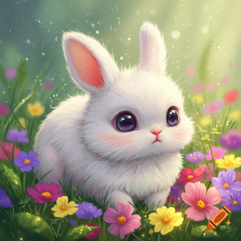 A fluffy white bunny with large dark eyes and pink cheeks sits in a field of colorful spring flowers.