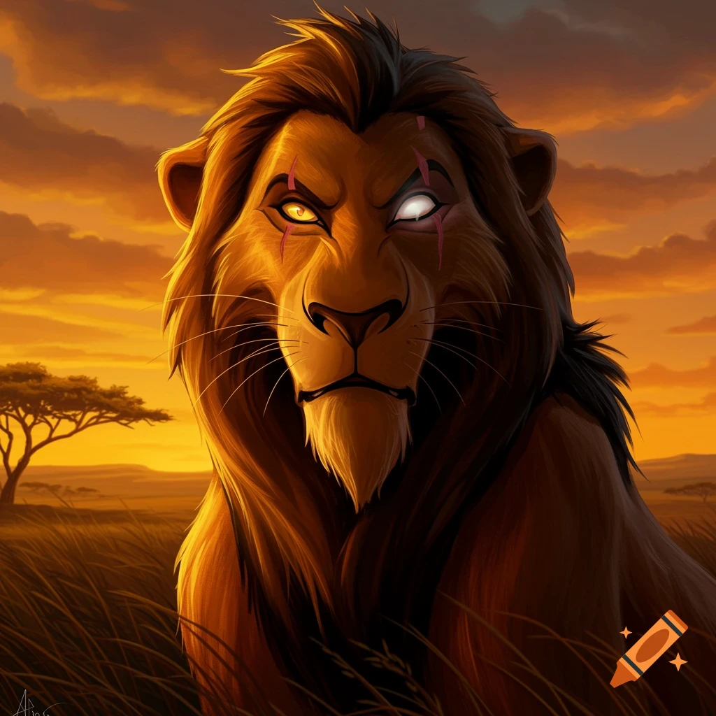 A detailed illustration of Scar from The Lion King, a battle-scarred lion with one white eye, against a savanna sunset.