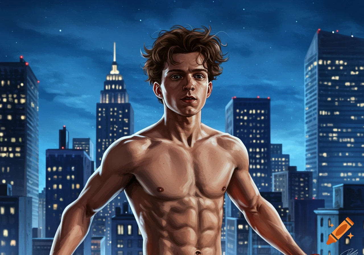 An illustrated portrait of a shirtless Peter Parker, resembling Tom Holland, against a dark blue cityscape at night.