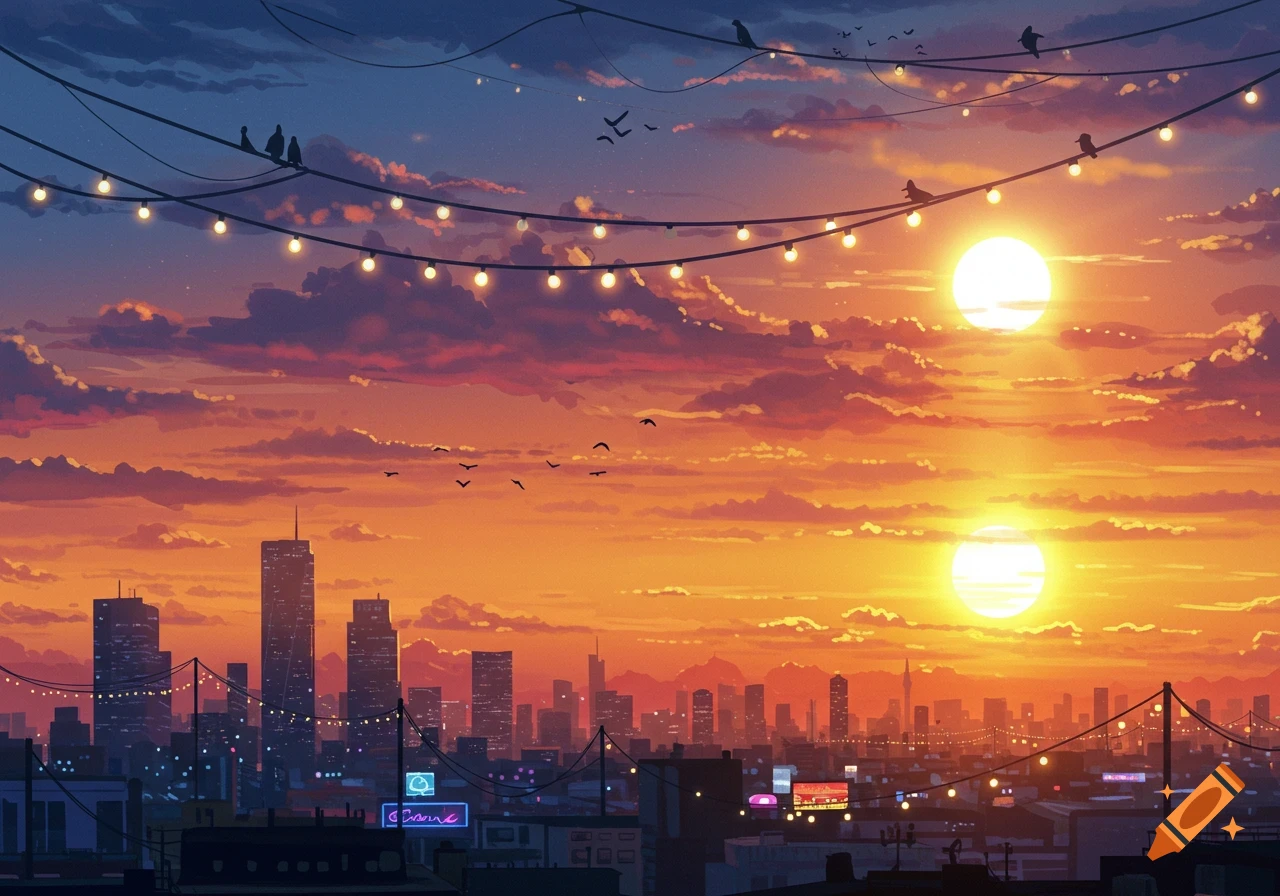 An anime-style city skyline at sunset, with a vibrant orange and purple sky, string lights, and birds on power lines. Two bright suns illuminate the scene.