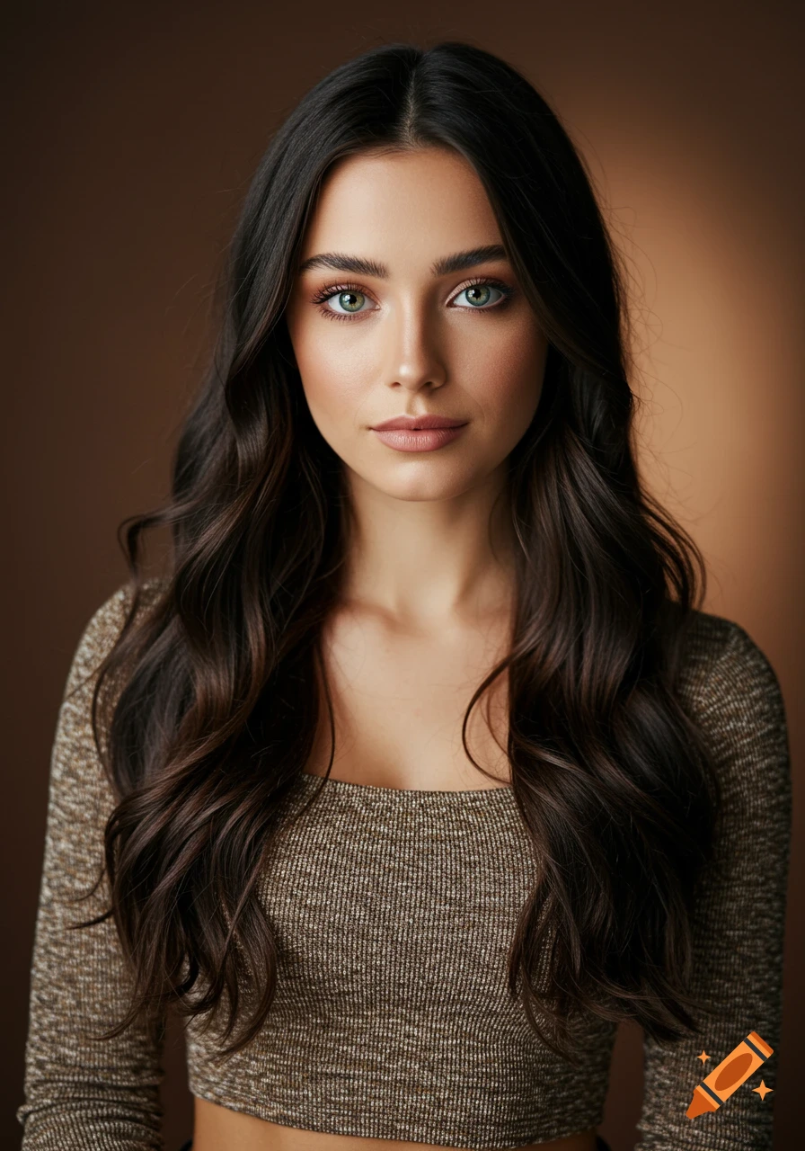 A photorealistic portrait of a young woman with long dark wavy hair and green eyes, wearing a textured gold crop top against a brown studio background.