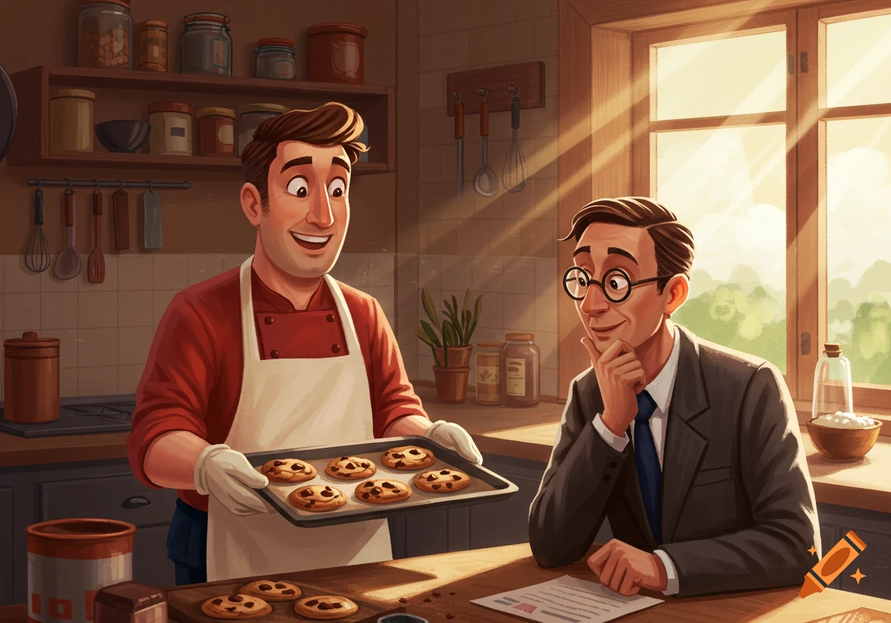 A smiling man in a chef's apron presents baked chocolate chip cookies to a man in a suit in a bright kitchen, cartoon style.