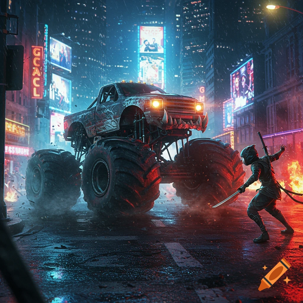 A monster truck with jagged teeth battles a ninja with a sword on a rainy cyberpunk city street at night.