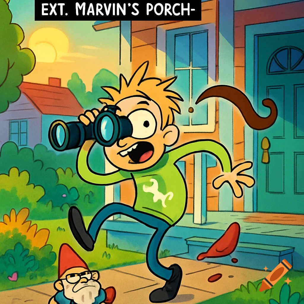 Cartoon boy with binoculars stumbles backward over a garden gnome on a porch, in a vibrant comic art style.