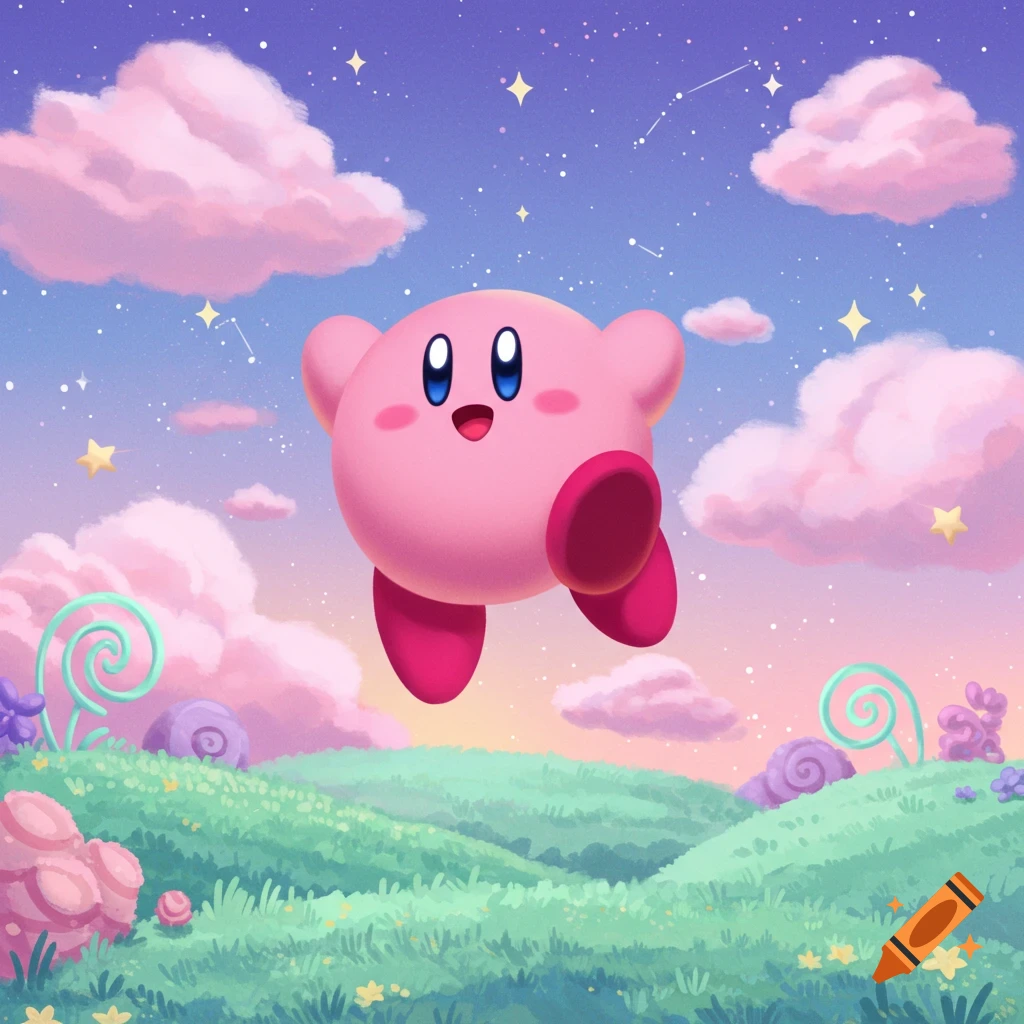 Kirby floats in a whimsical pastel sky with pink clouds, stars, and green rolling hills below.