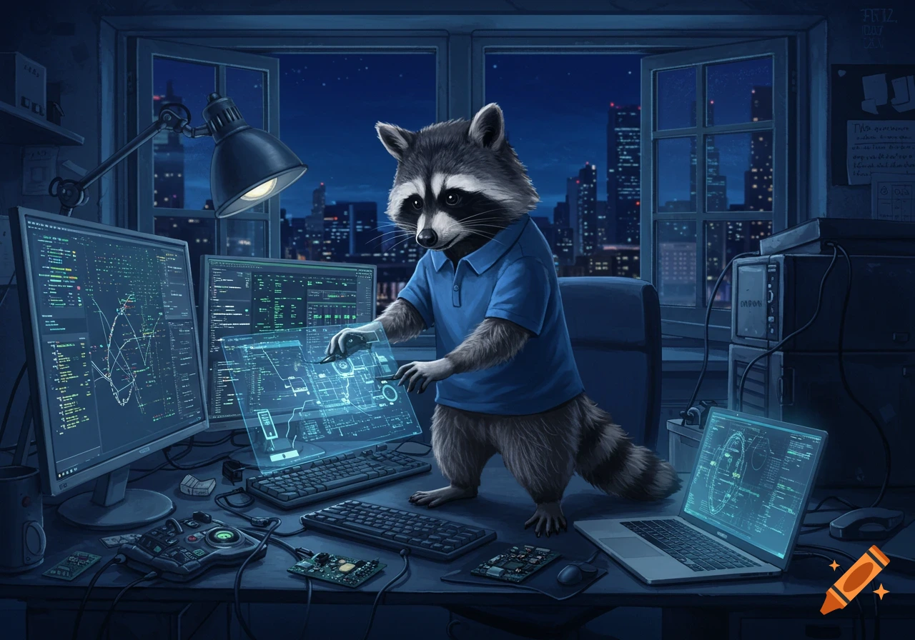 A raccoon wearing a blue polo shirt works diligently on multiple computer screens in a dark room with a city view at night.