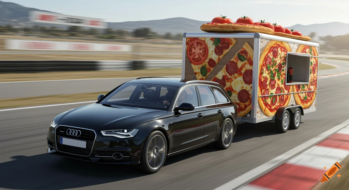 A black Audi A6 estate car pulls a colorful pizza trailer down a race track, with pizzas on top of the trailer.