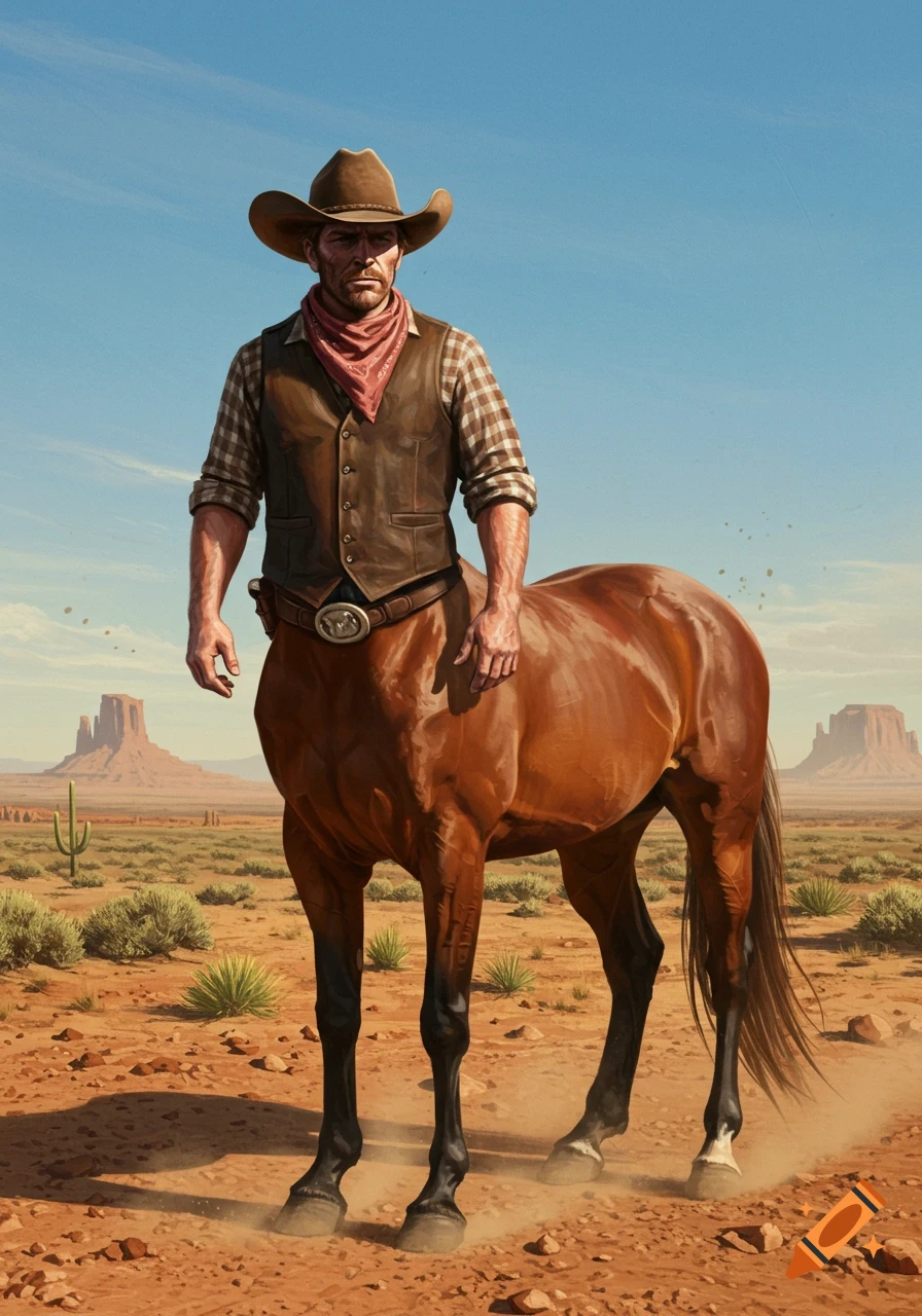 A photorealistic cowboy centaur stands in a dusty desert with mesas and cacti.