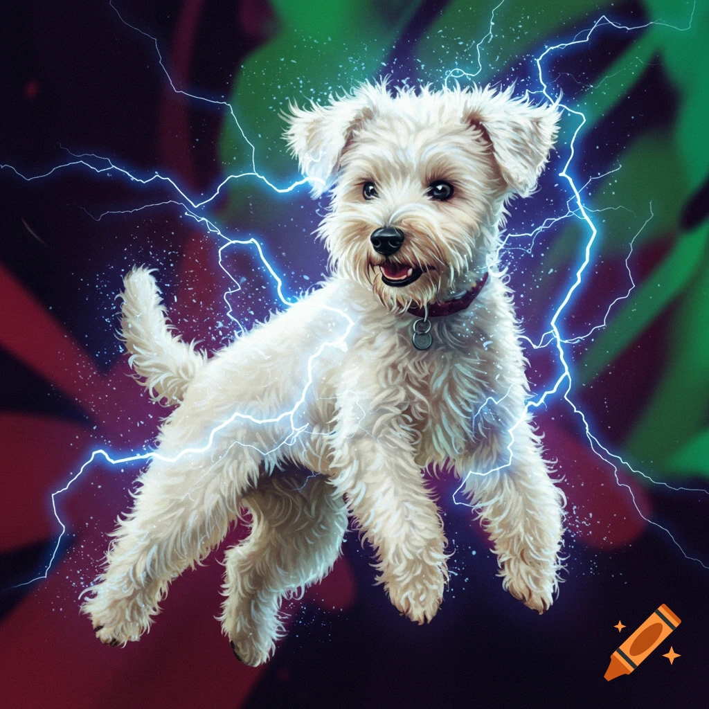 A white terrier dog with a red collar appears to be floating in mid-air, surrounded by bright blue lightning bolts and sparks.