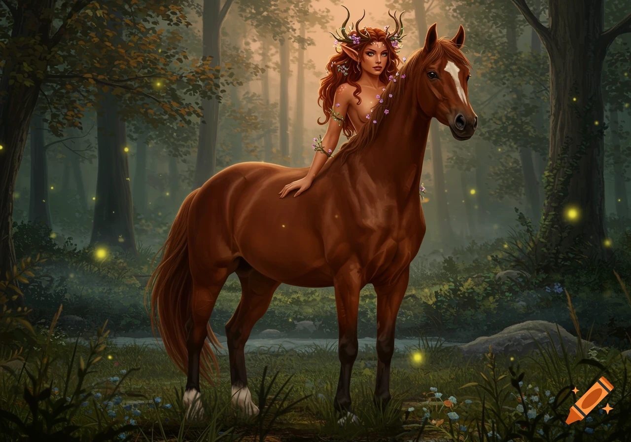 A mystical woman with antlers and flowers in her hair rides a brown horse through an enchanting forest filled with fireflies.