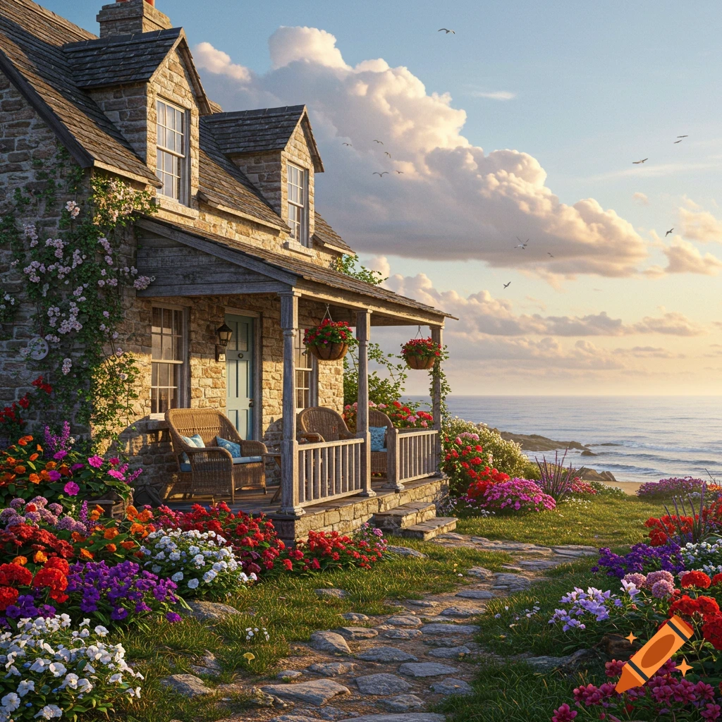 A beautiful stone cottage with a vibrant flower garden overlooking the sea at sunset.